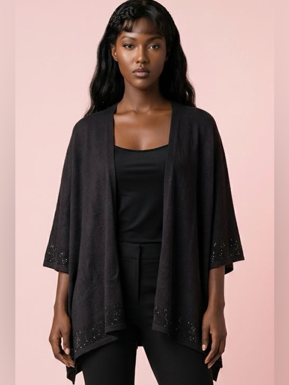 Rachel Zoe Viscose Black Open-Front Cardigan Cape Black Embellished Trim-O/S